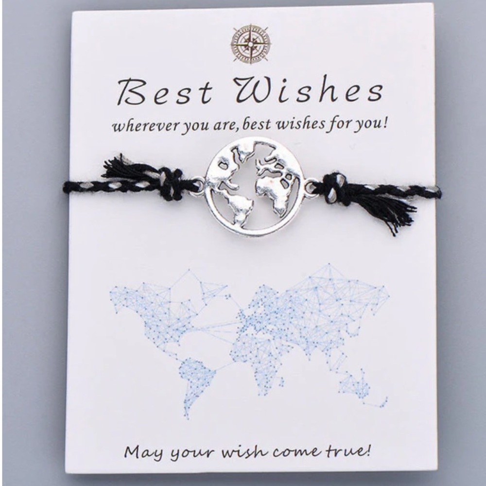 World Globe Earth Braided Bracelet Gift Best wishes Black